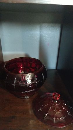 Red glass candy dish with lid Thumbnail