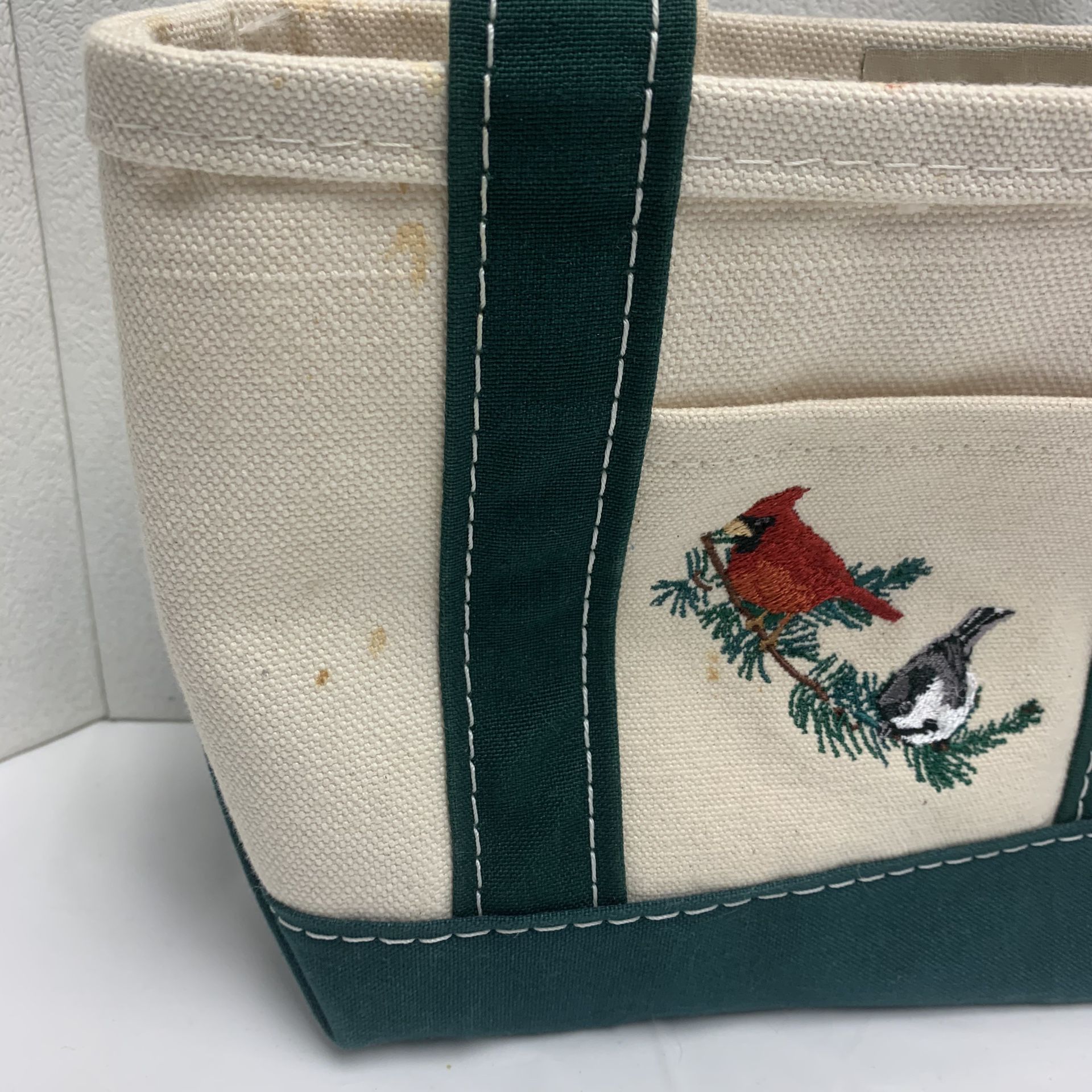 LL Bean Canvas Bag Boat & Tote Bag Small Green & Cream Embroidered Cardinal USA