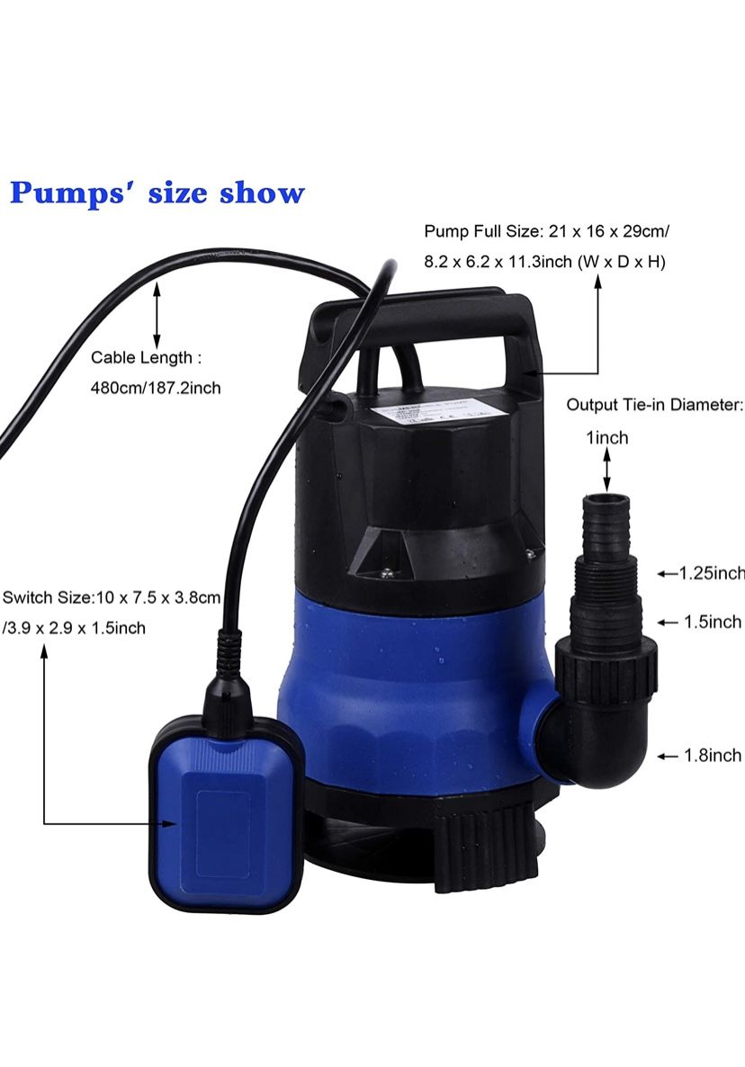New Submersible Water Pump Sump with Float Switch Portable Clean/ Dirty Water Pump Heavy Equipment Pump (0.5HP, Blue) Hose Included $65 or BO