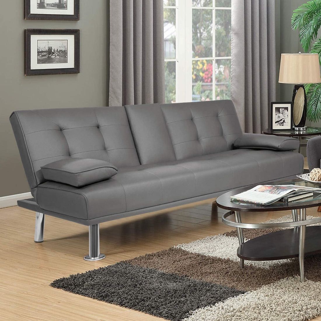 New Sofa Bed Modern Faux Leather Couch Bed Convertible Folding Recliner for Living Room with 2 Cup Holders and Armrest (Black) Modern PU Leather Conve