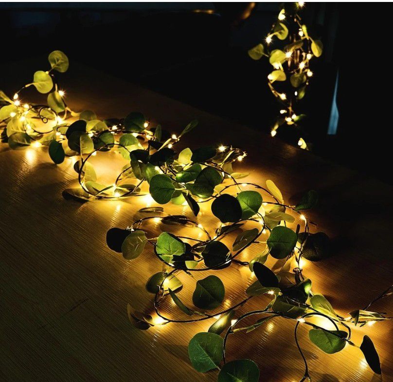 (10) 32FT | 100 LED Green Artificial Eucalyptus Leaf Garland Vines, Battery Operated Fairy String Lights

