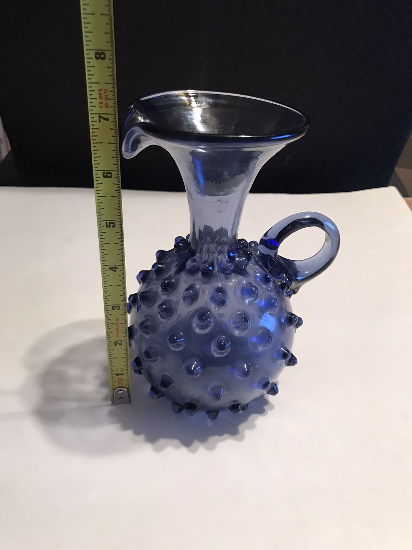 Vintage Fenton Cobalt Blue Hobnail Studded Glass Pitcher Jug 7” Tall