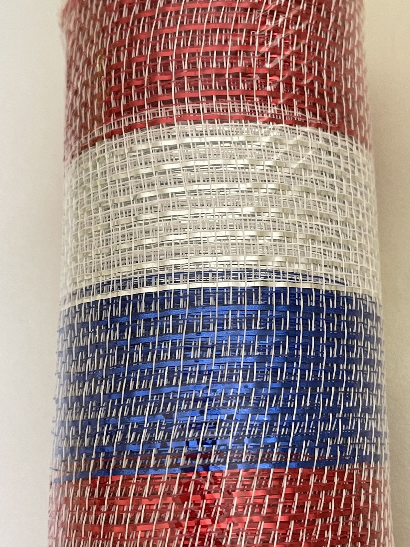 Patriotic 10” Wide Poly Deco Mesh: Metallic Red, White & Blue Stripes