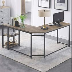 Home/ Office L-Shaped Computer Desk, Industrial Wood & Metal Sturdy Corner Desk w/ Shelves Thumbnail