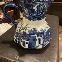 Vintage Blue And White Ironstone Victoria Pitcher With Village Scene  Thumbnail