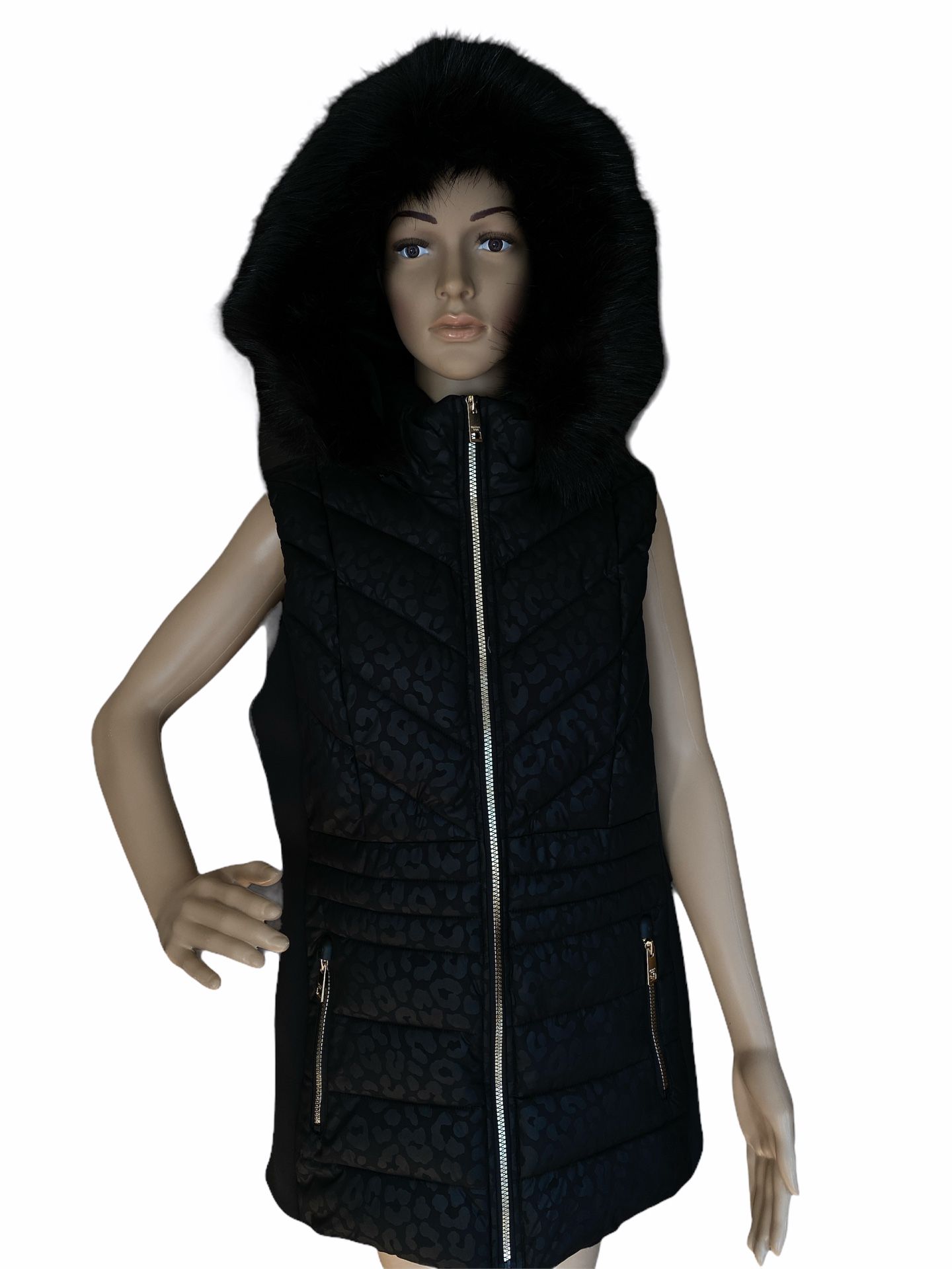 NWT Michael Kors Faux Fur Trim Hooded Short Embossed Vest