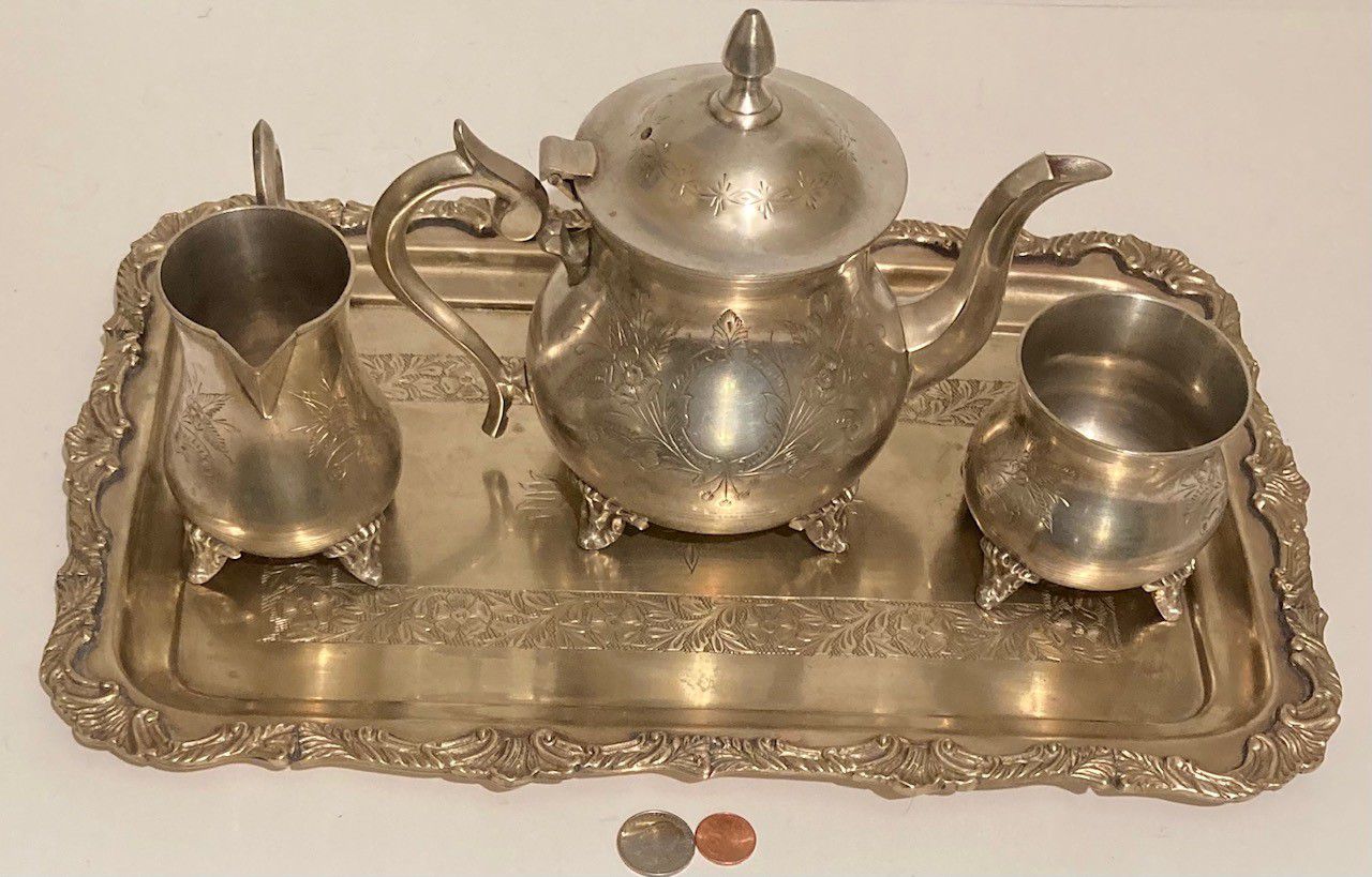 Vintage Metal Silver Teapot Set, Serving Tray, Heavy Duty, 15 1/2" x 10" Tray Size, Home Decor, Kitchen Decor, Table Display, Shelf Display