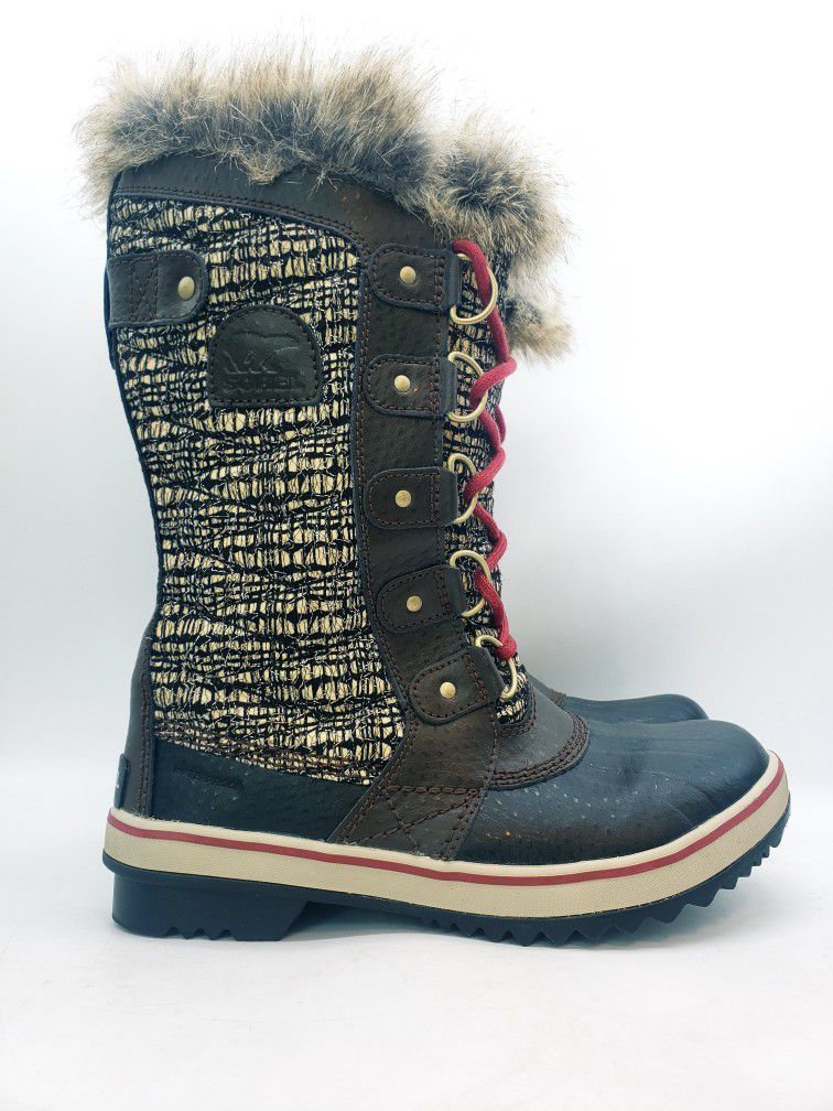 SOREL Waterproof Brown/Black Rubber Snow Boots Faux Fur Lined Womens Size 6