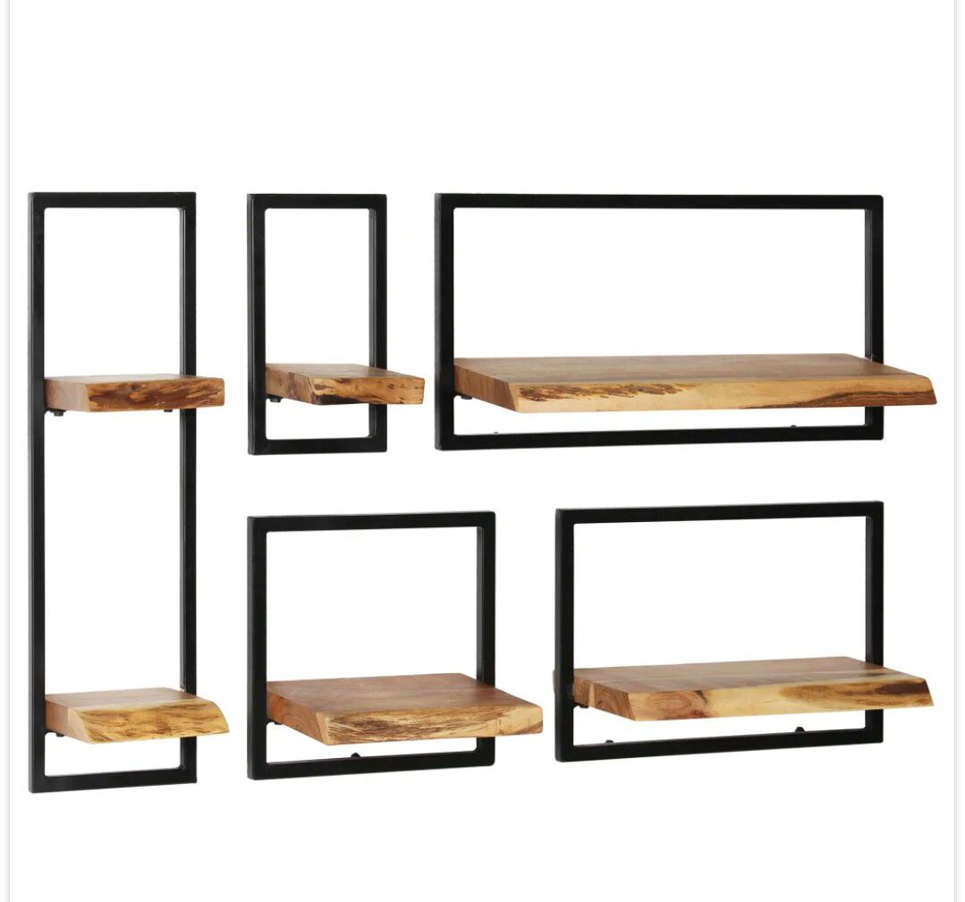 Wàll Shelf Set 5 Pieces Solid Acacia Wood and Steel