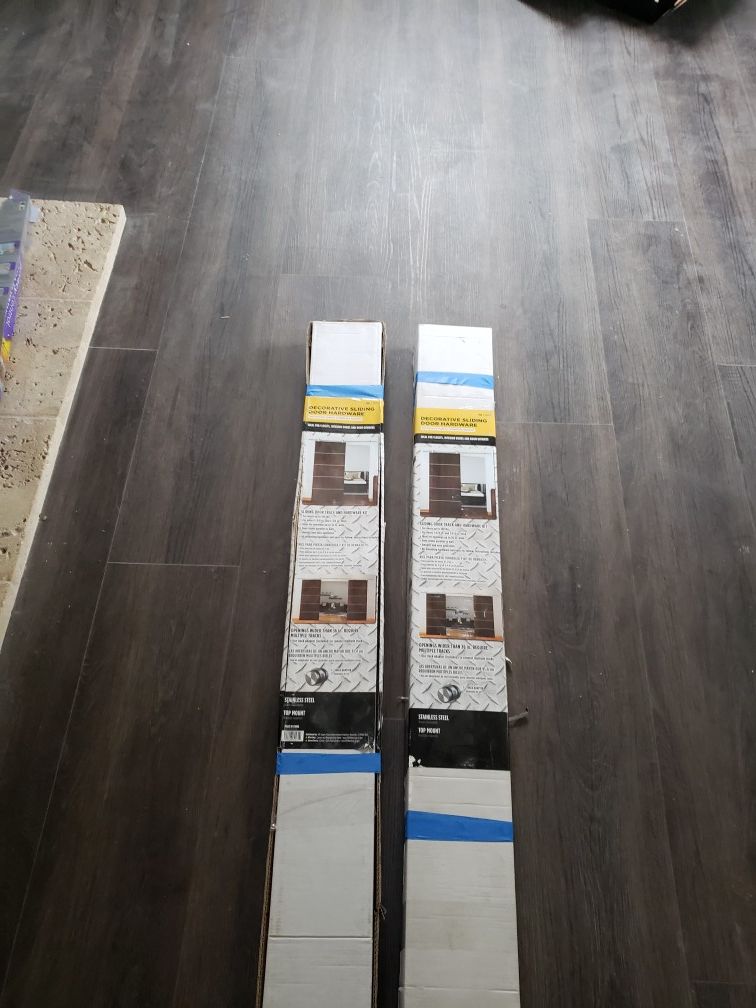 2 NEW IN BOX DECORATIVE SLIDING DOOR HARDWARE + 2 HANDLES + 2 PAINTED DOORS