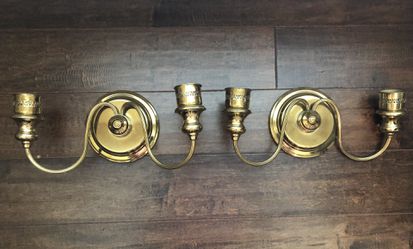 Vintage Pair of Brass Candle Holder Double 2 Arm Wall Candelabra  Thumbnail