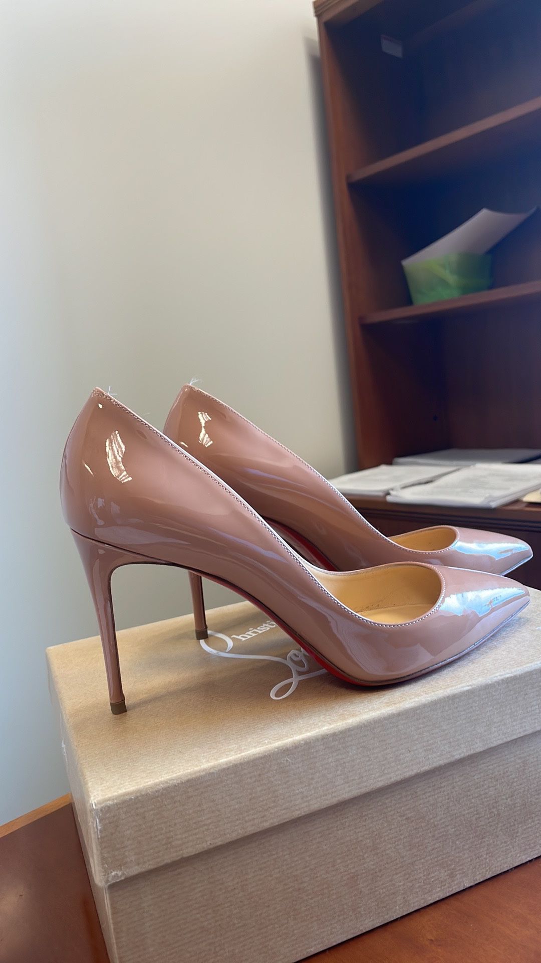 Size 8 Nude Christian Louboutin Pigalle Follies 85mm Patent Red Sole Pumps