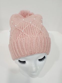 INC International Concepts Imitation Pearl Cable Pom Pom Beanie Color Pink Thumbnail