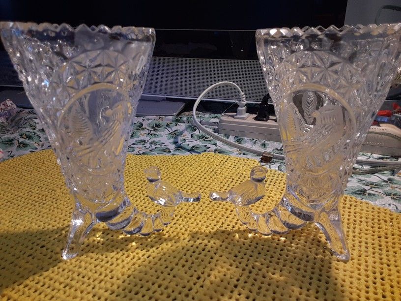 TWO GORGEOUS LOOKING BIRD VASES CRYSTAL GLASS