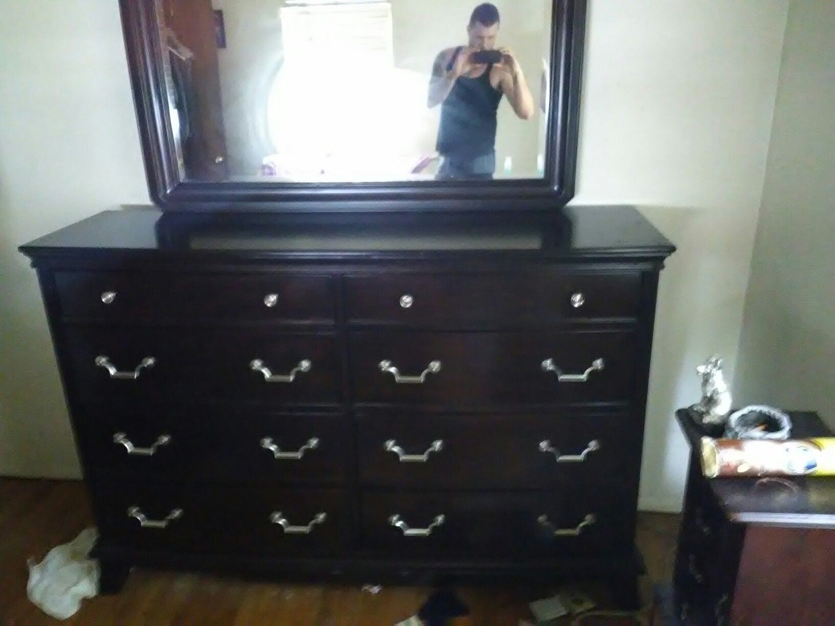 Dark mahogony dresser with large mirror