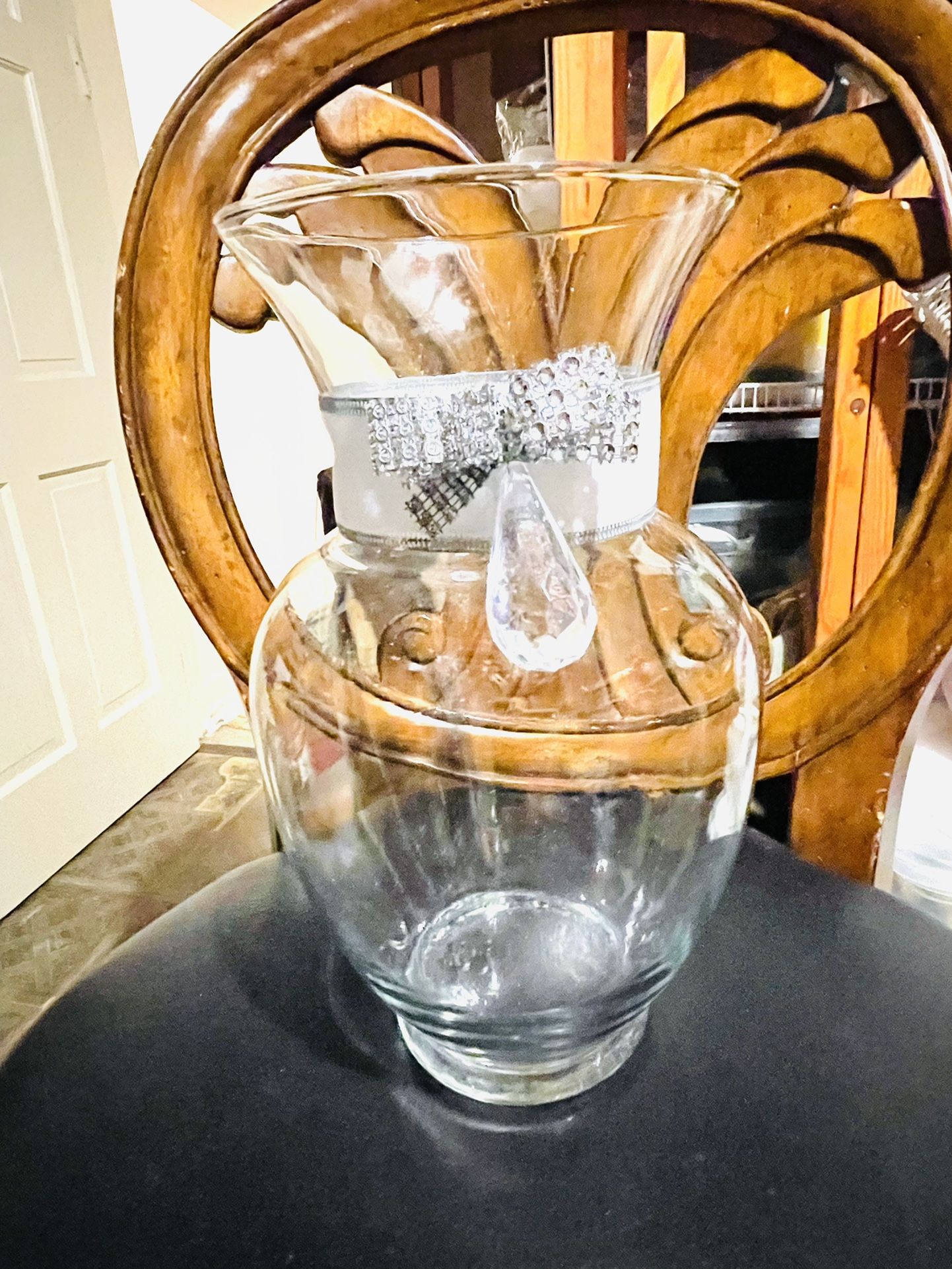 Glass Vase For Centerpiece with Silver Metallic Lace & Large acrylic Bead
