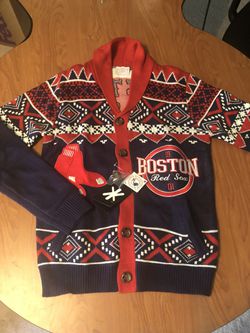 New Klew Boston Red Sox ugly sweater cardigan. Medium Thumbnail