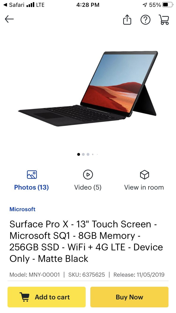 Surface pro X W/cellular + Keyboard + AUG Case