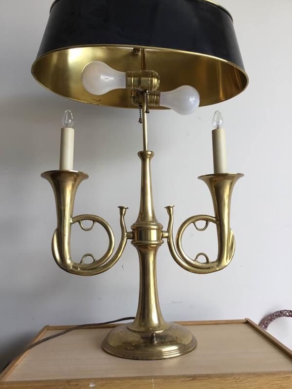 Bugle Lamp & Pair Of Brass Bugle Candlesticks Stately Traditional Decor Vintage