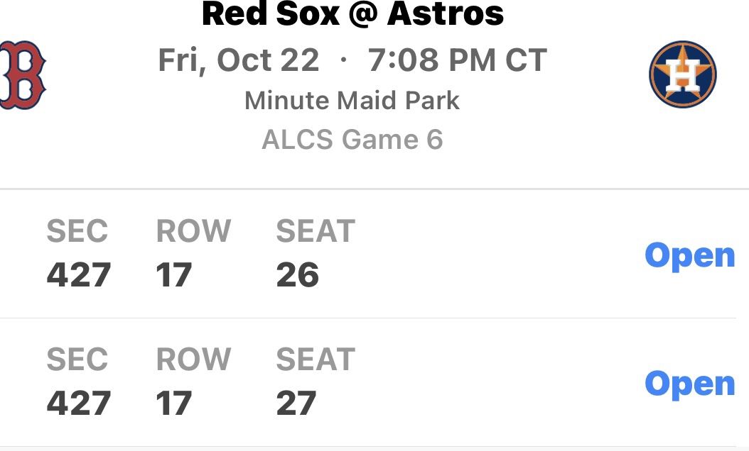 Astros ALCS Game 6 Tickets Friday Oct 16th 2021 Section 427 Row 17 Seats 26,27