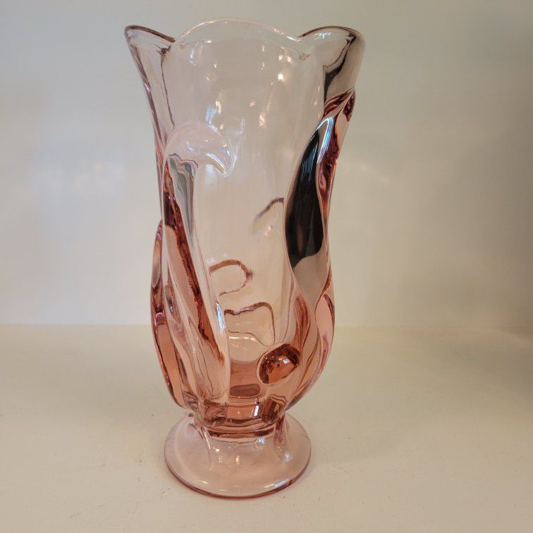 Pink Pedestal Vase - Flowing Leaves or Ferns - Pink Color - 8 1/4" Tall 