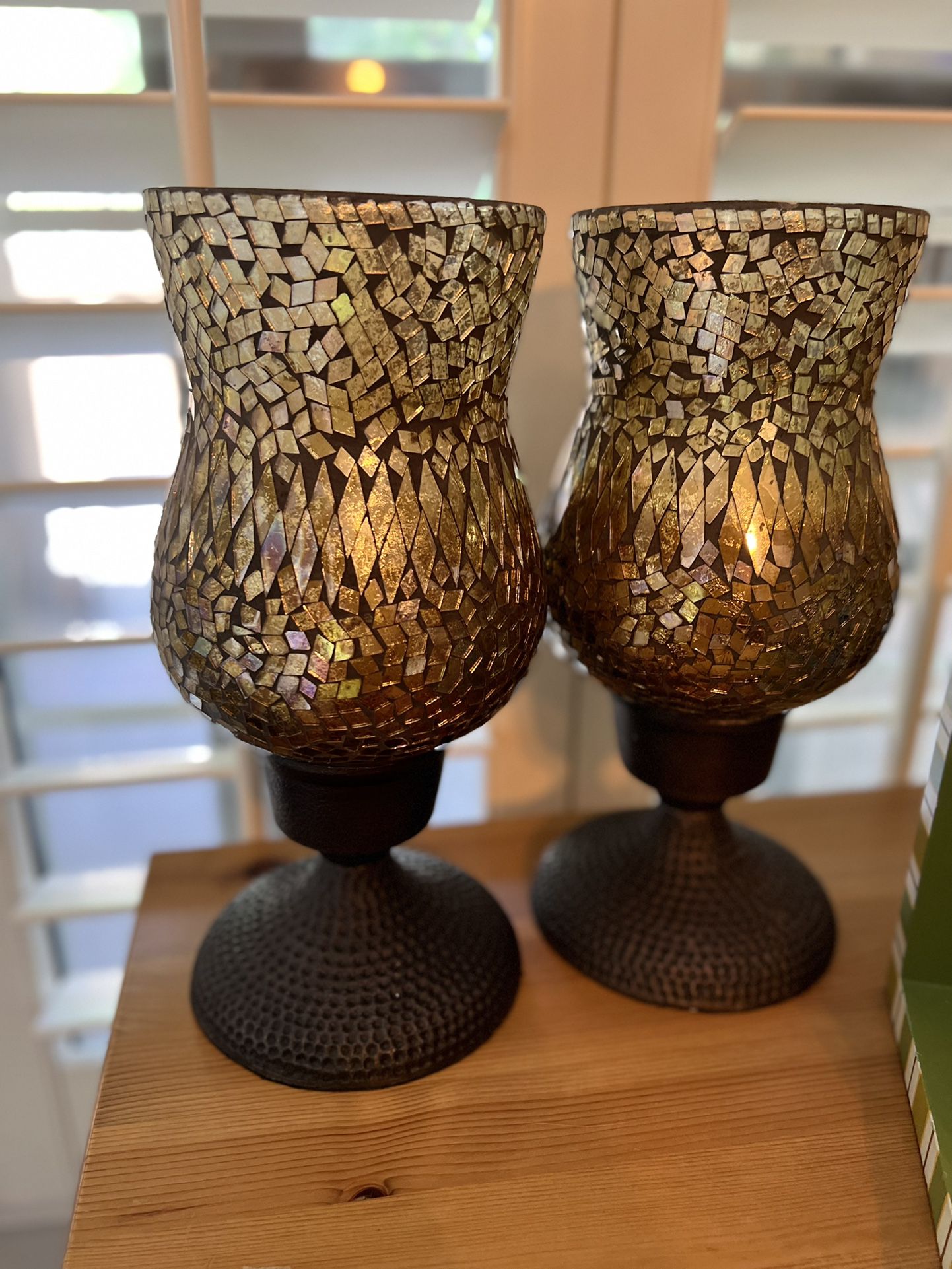 New-Glass Mosiac Pillar Candle Holder- Set Of 2-Includes 2 LED Cream Colored Battery Operated Candles With Purchase  