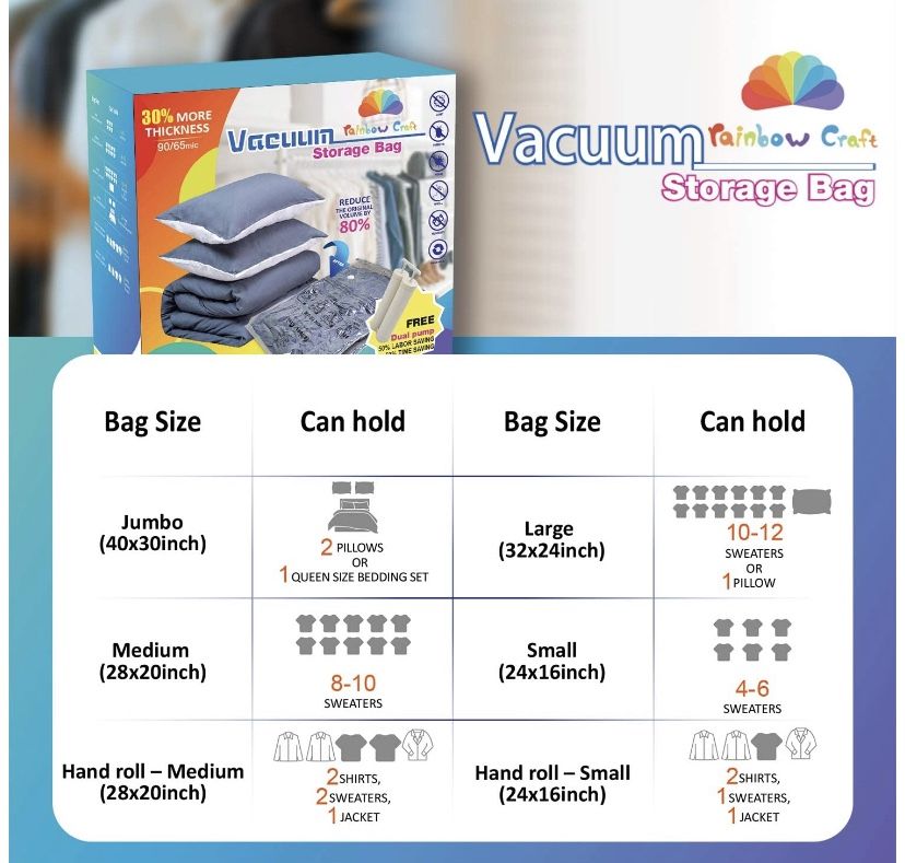 Rainbow Craft 18-PACK Vacuum Storage Bags for Clothes - Space Saver Bags Vacuum Storage Bags Jumbo for Comforters and Blankets - Storage Bags Vacuum S