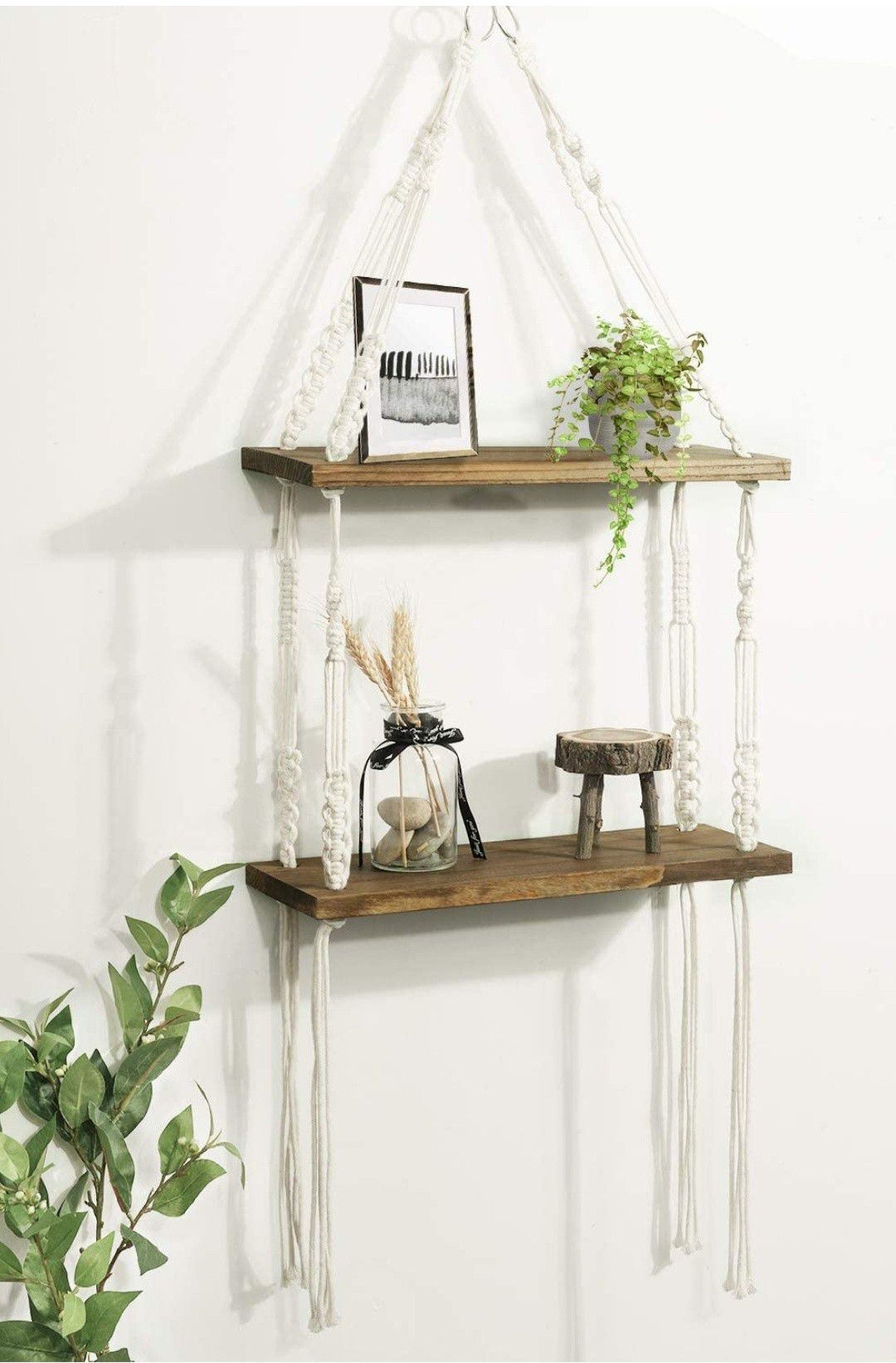 2 Tier Wood Wall Shelves with Handmade Woven Hanger