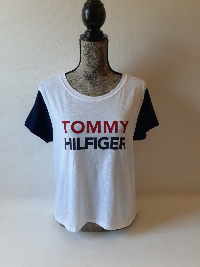 Tommy Hilfiger women's white/navy short sleeve graphic t-shirt size L 