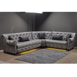 Gray Leather Sectional With Pillows, We Finance No Credit Needed Only $39 Down, We Deliver Fast  Thumbnail