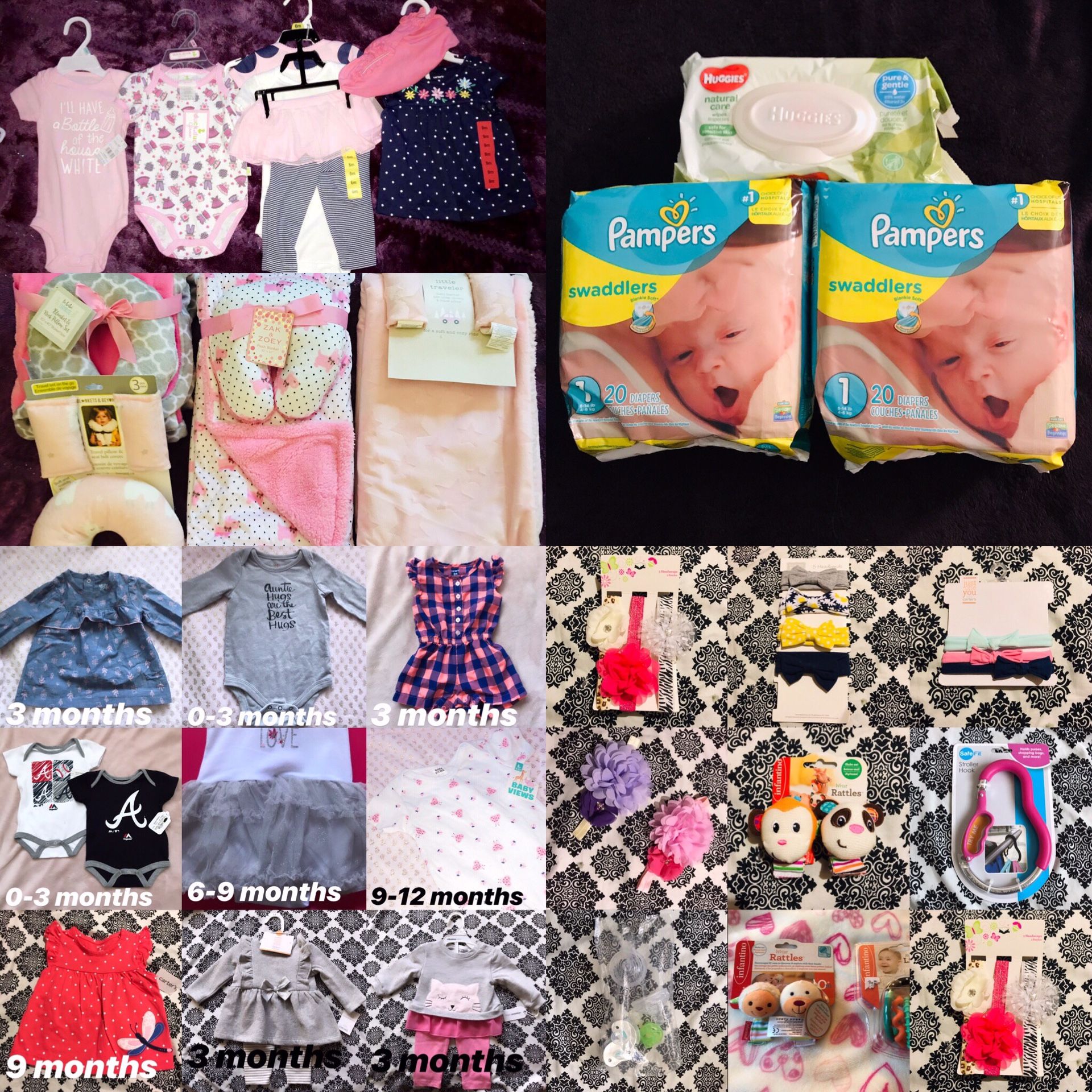 14 new outfits 4 blankets 2 packs of pampers with huggies wipes, bows, toys, and pacifiers