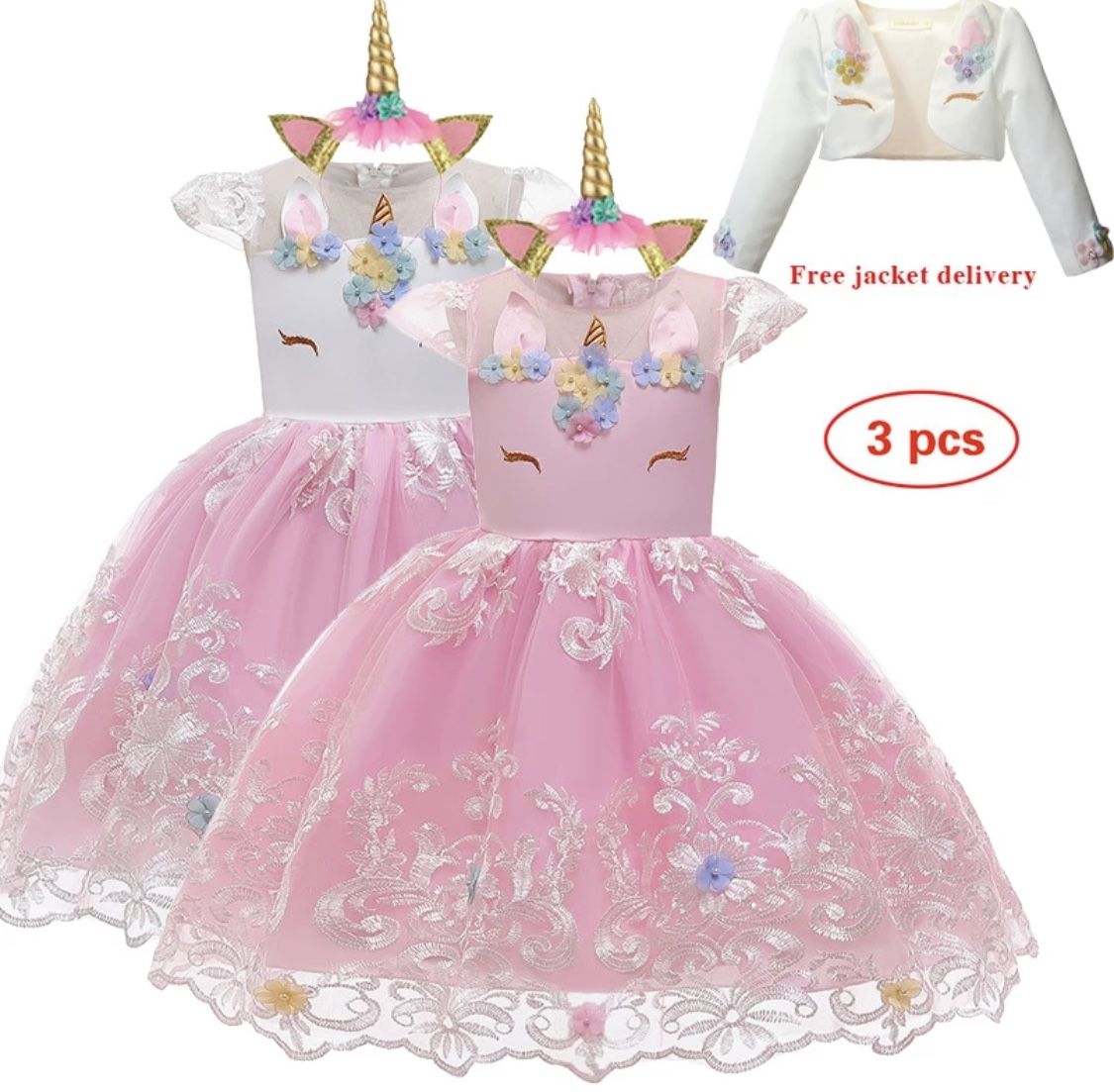 Brand New, Never Worn Gorgeous 3pc Unicorn Dress Set w/ Headband and Jacket, size 3T, color pink π¦