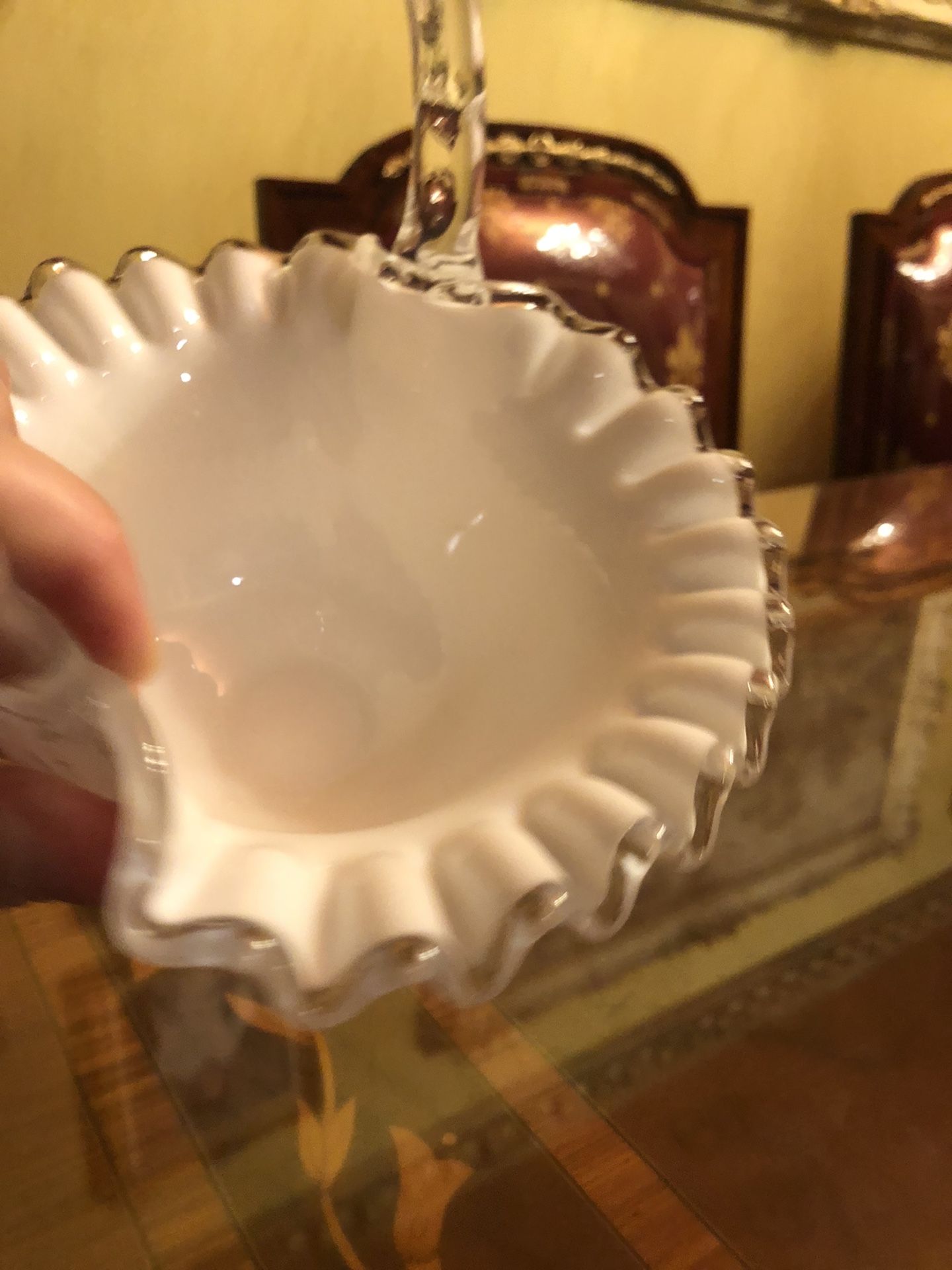 Vintage white milk glass 7 X 7 across basket with clear handle/trim ruffles
