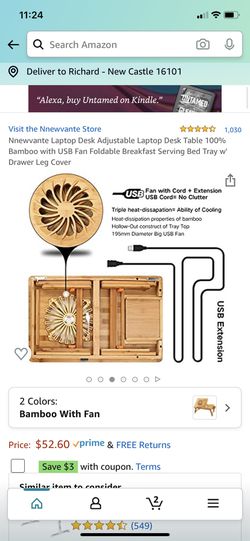 Nnewvante Laptop Desk Adjustable Laptop Desk Table 100% Bamboo with USB Fan Foldable Breakfast Serving Bed Tray w' Drawer Leg Cover Thumbnail