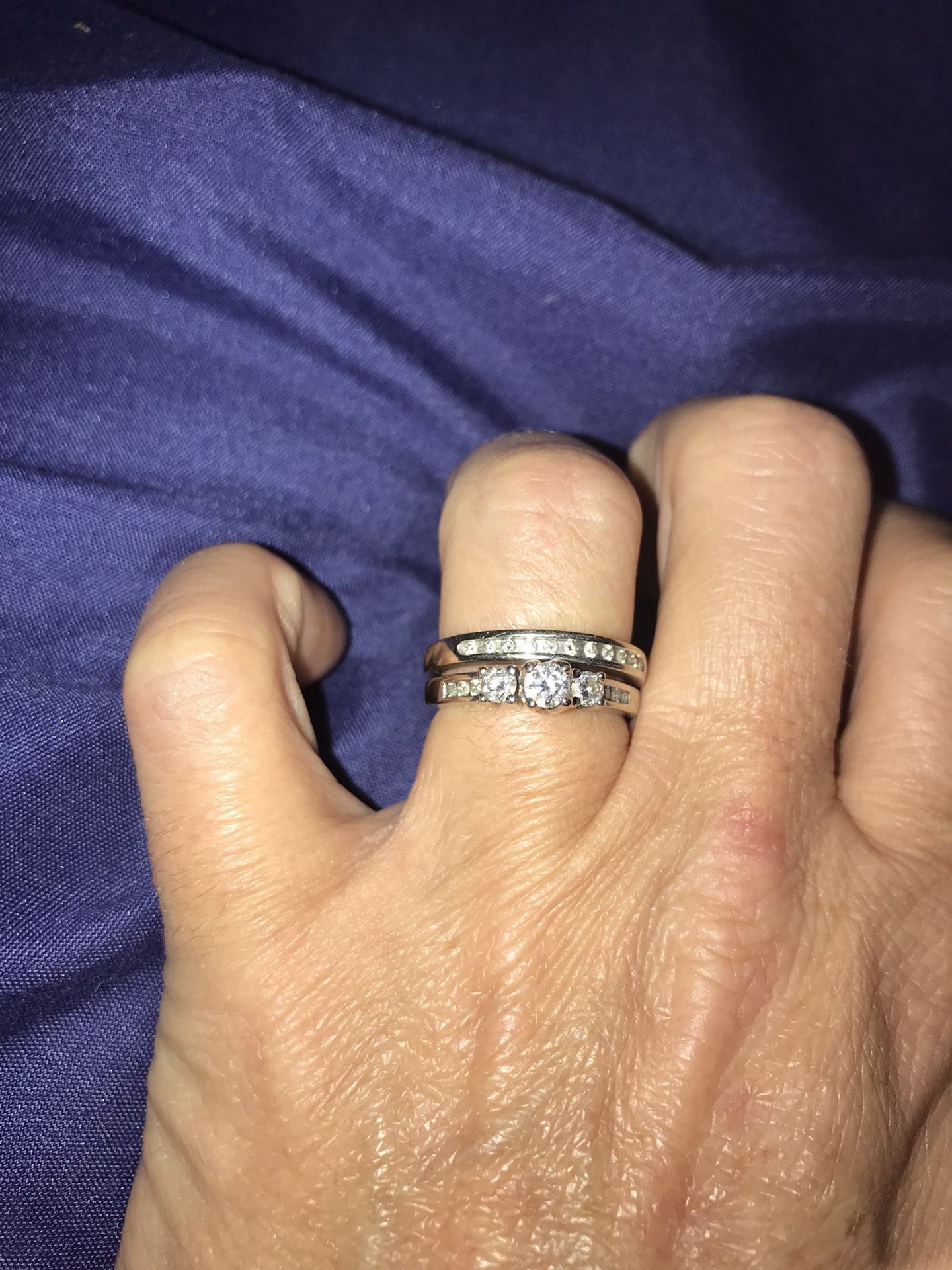 Triple Diamond Engagement Ring, Plus Diamond Wedding Band 14k White Gold
