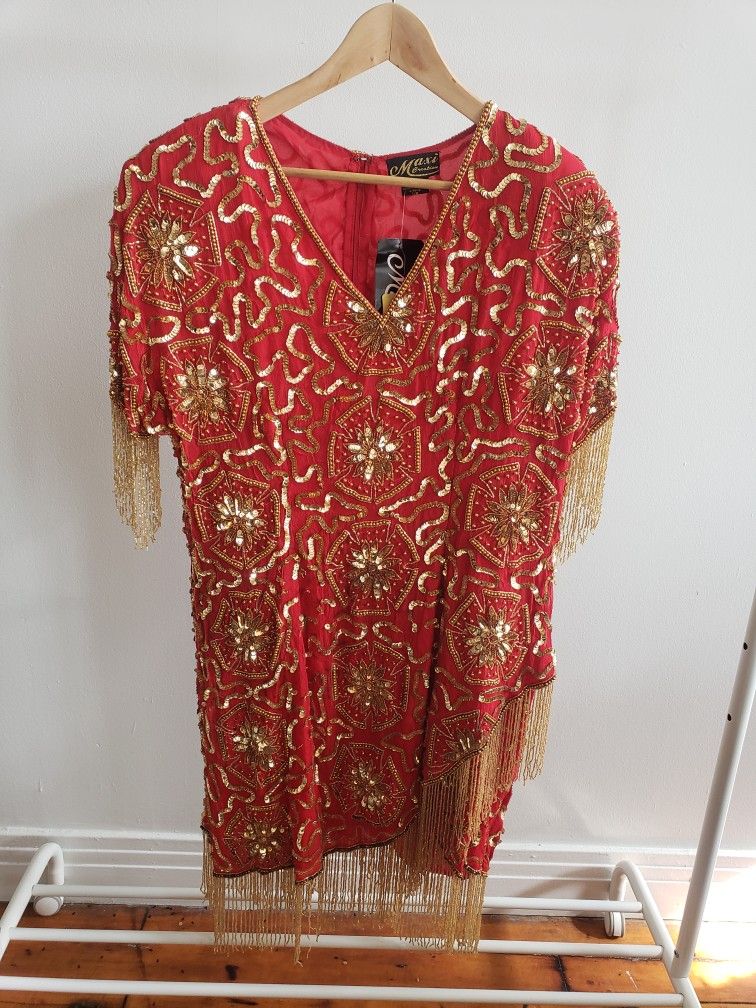 Vintage Red & Gold Sequin Dress 5x
