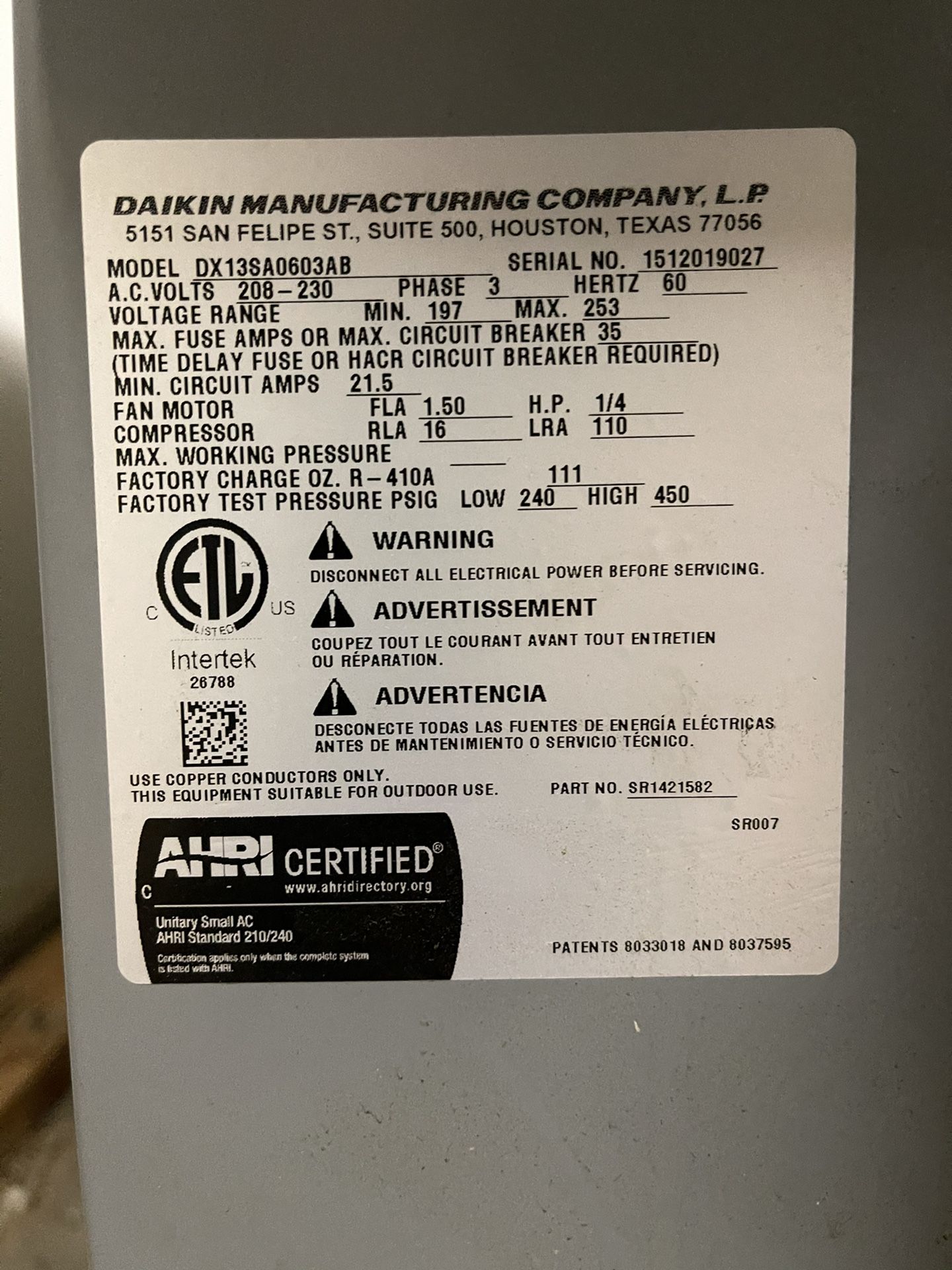 410A 5 Ton AC And Condenser (3 Phase)