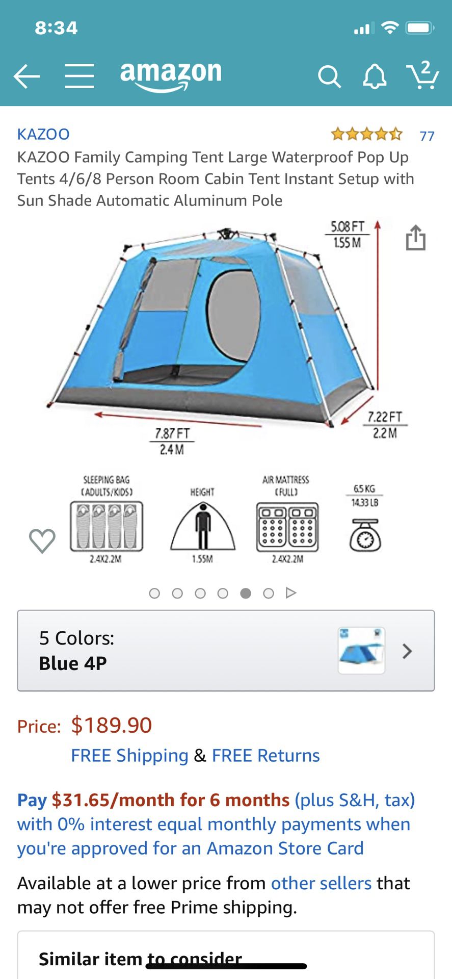 KAZOO Family Camping Tent Large Waterproof Pop Up Tents 4/6/8 Person Room Cabin Tent Instant Setup with Sun Shade