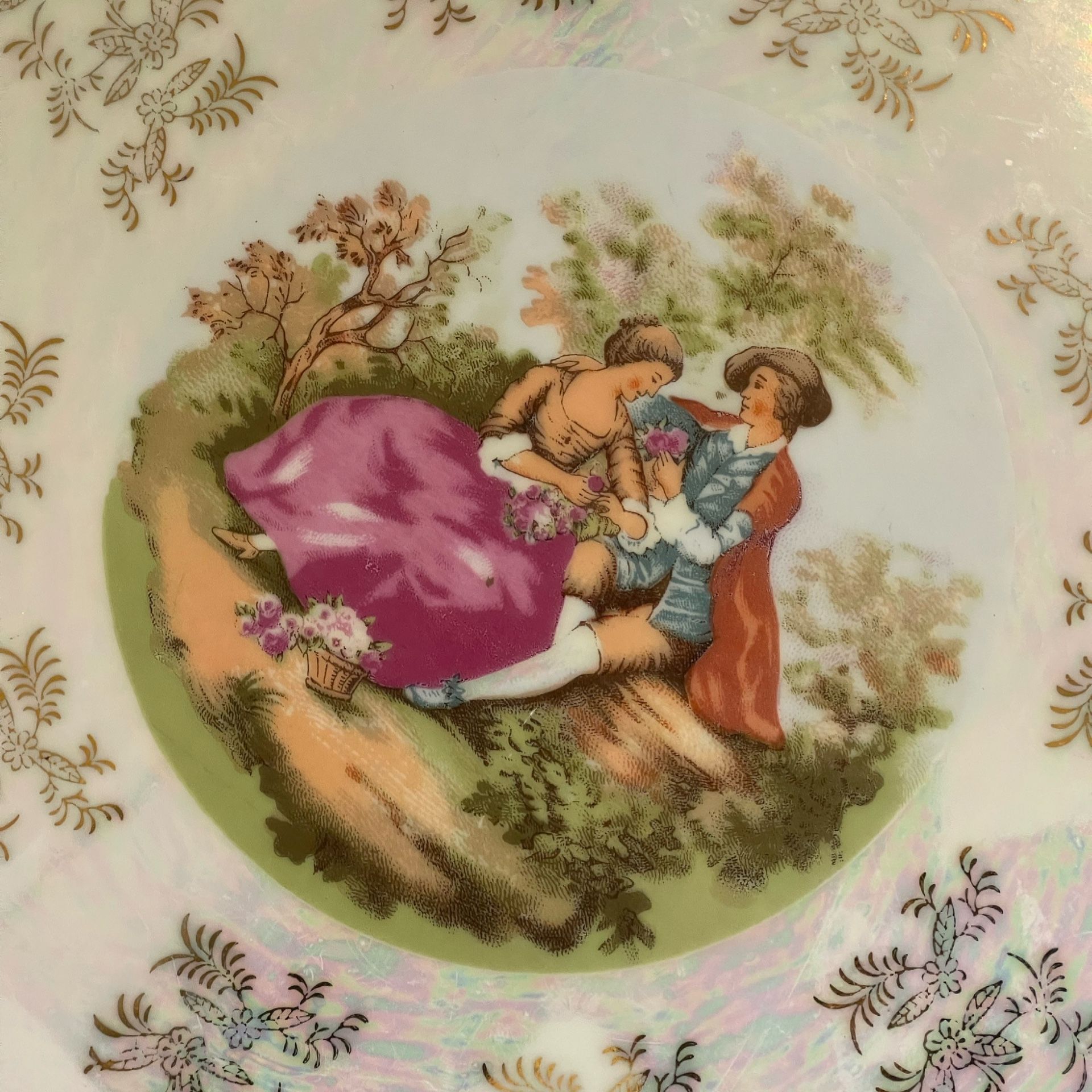 ANTIQUE Japan Made FINE ART PORCELAIN LUSTERWARE PLATTER/PLATE VINTAGE Luster Ware Original Romantic Suitor Gentleman/Lady LRG