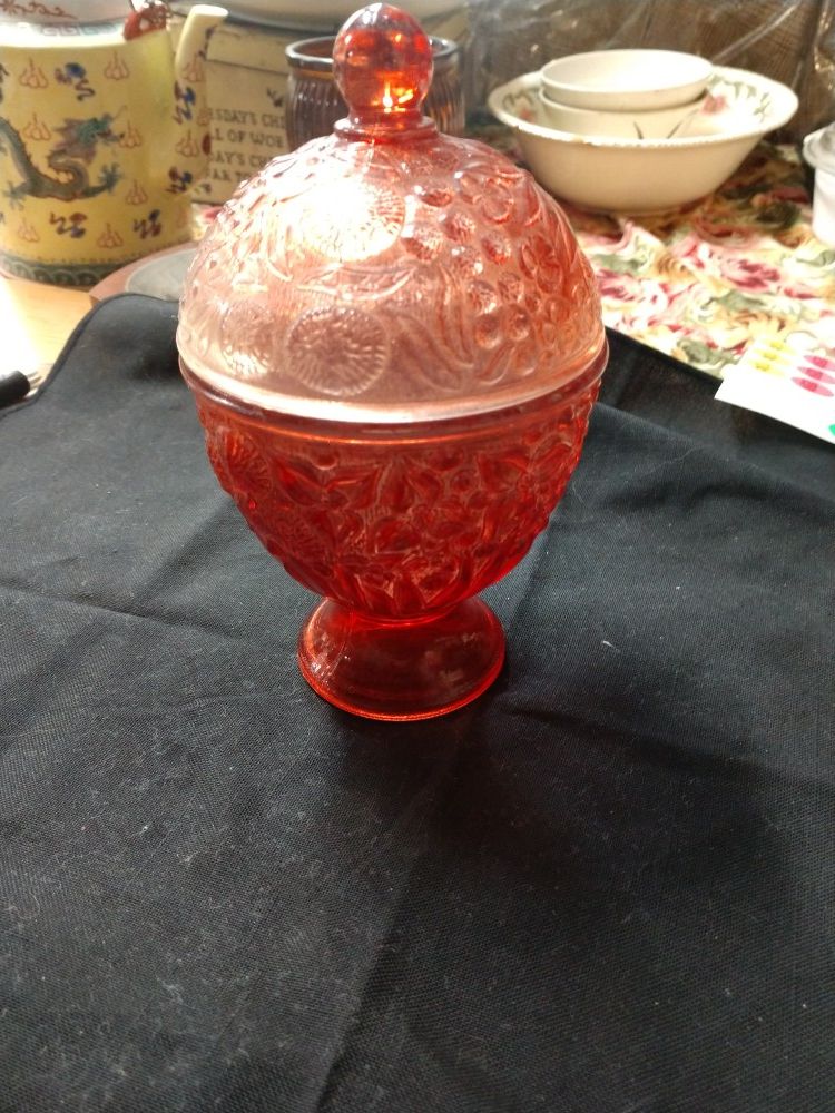 Vintage Avon Ruby Red Glass Berry Flowers Design Pedestal Candy Dish with Lid