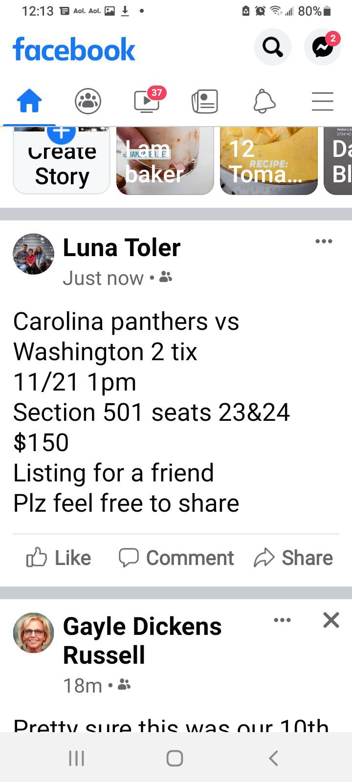 Carolina Panthers Vs Washington 11/21 1pm 2 Tix Section 501 Seats 23&24 $150