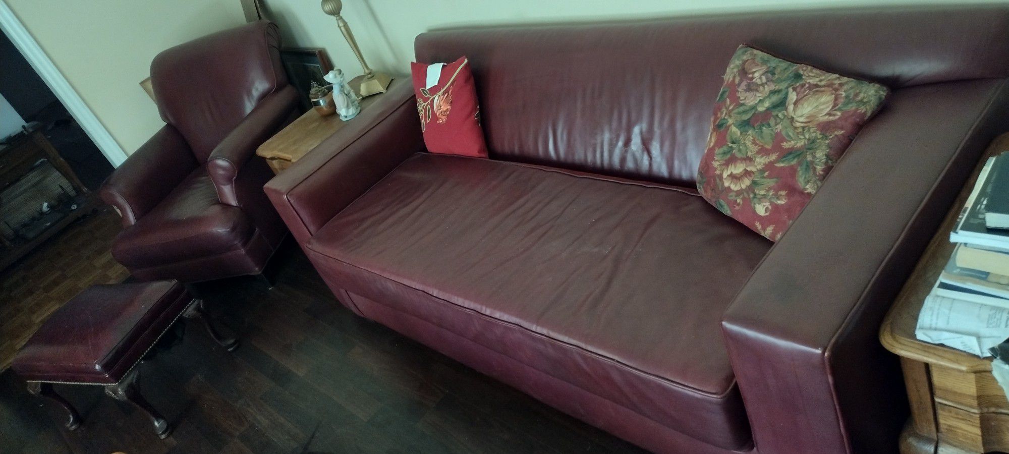 Red Leather Couch And Chair And Ottoman 