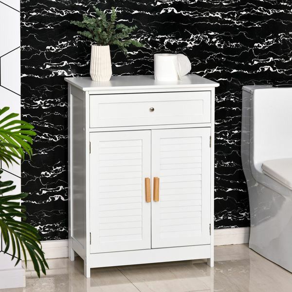 Freestanding Bathroom Storage Cabinet with Double Shutter Door and Drawer, Toilet Vanity Cabinet, Narrow Organizer - White