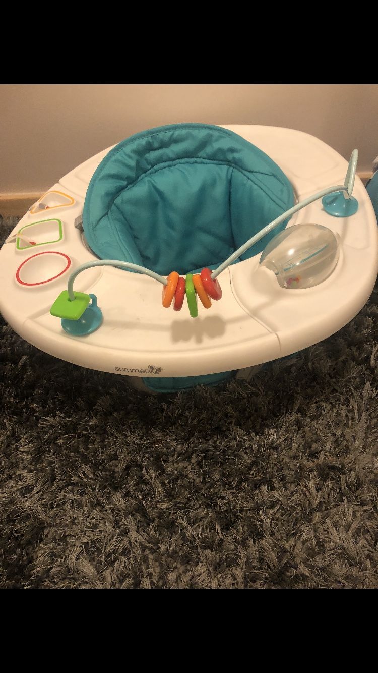 Baby bed, mattress, bouncer, activity seat , 3 bags of baby cloths car seat and excersor