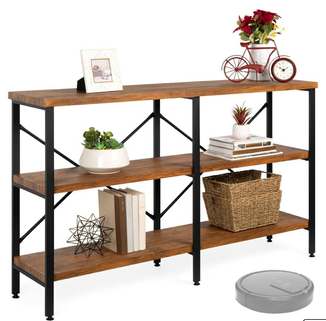 Rustic 3-Tier Console Table for Living Room, Entry w/Non-Scratch Feet, Grain Finish, Steel Frame