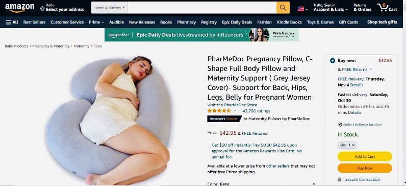 PharMeDoc Pregnancy Pillow, C-Shape Full Body Pillow and Maternity Support ( Grey Jersey Cover)- Support for Back, Hips, Legs, Belly for Pregnant Wome
