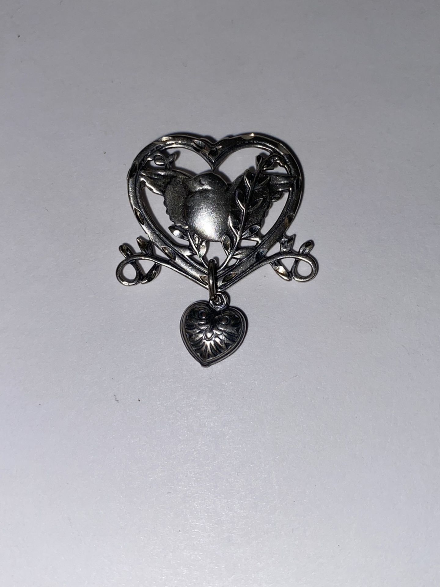 925 Sterling Silver - Vintage Antique Rare Floral Bird Love Heart Brooch Pin