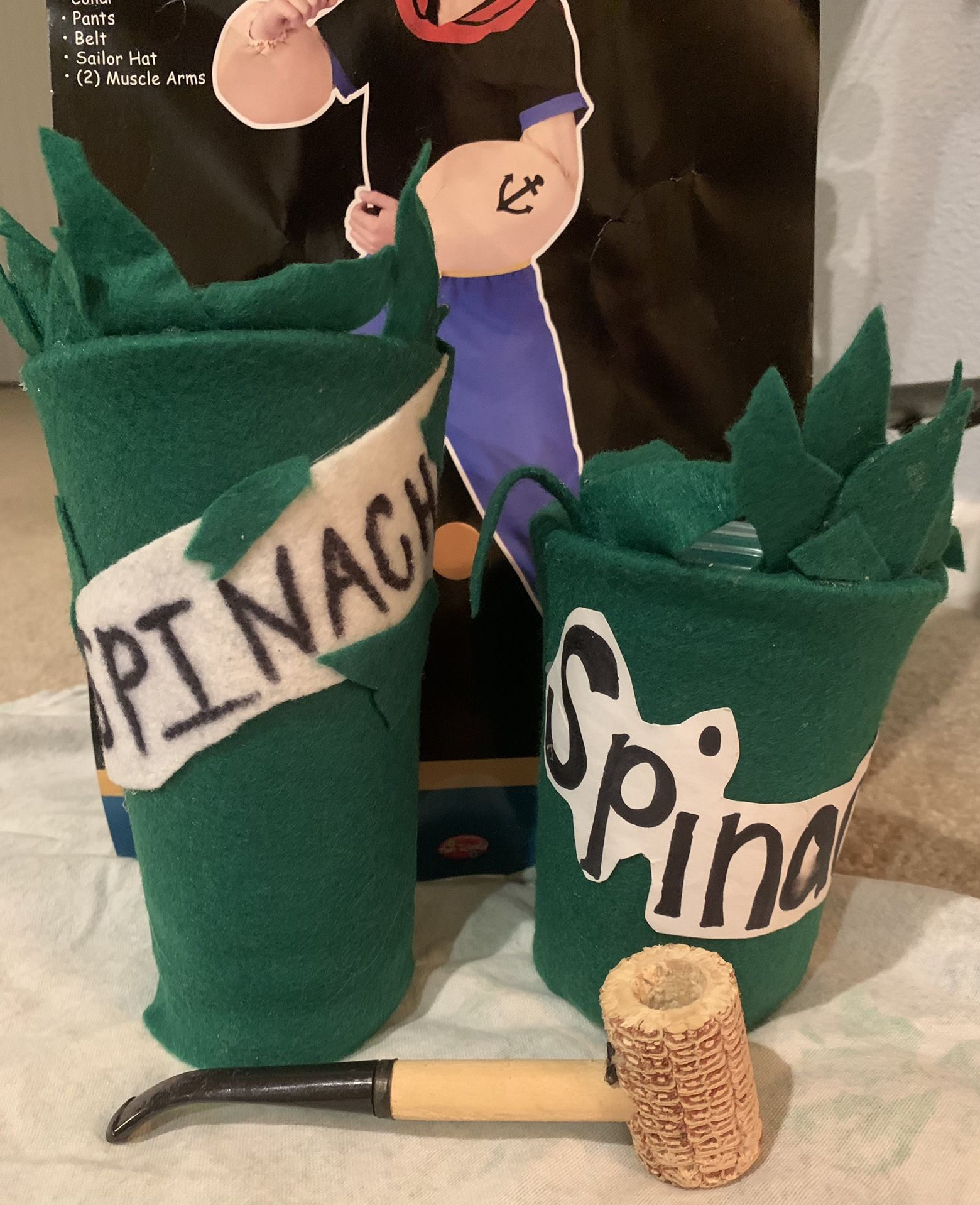 Halloween Child Costume Popeye Size Large 12-14 Comes With Pipe and Homemade Spinach