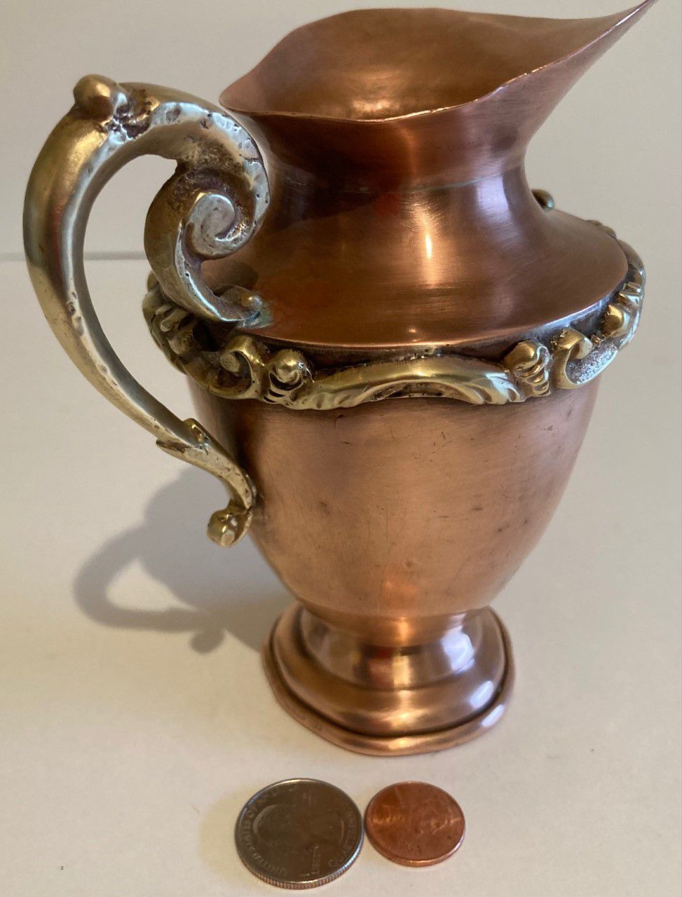 Vintage Copper and Brass Metal Serving Pitcher, 5 1/2" Miniature Picture, Heavy Duty Brass Handle and Trim, Kitchen Decor, Home Decor, Shelf Display
