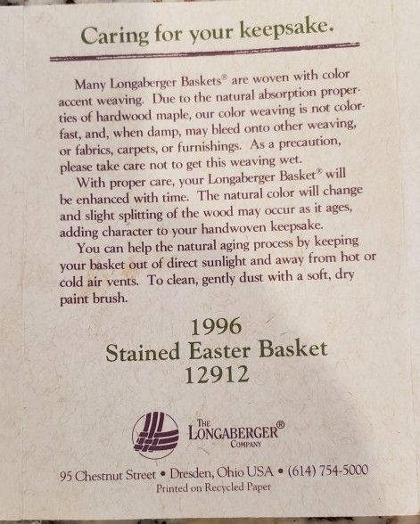 Longaberger Collectable Easter Basket, Circa. 1996